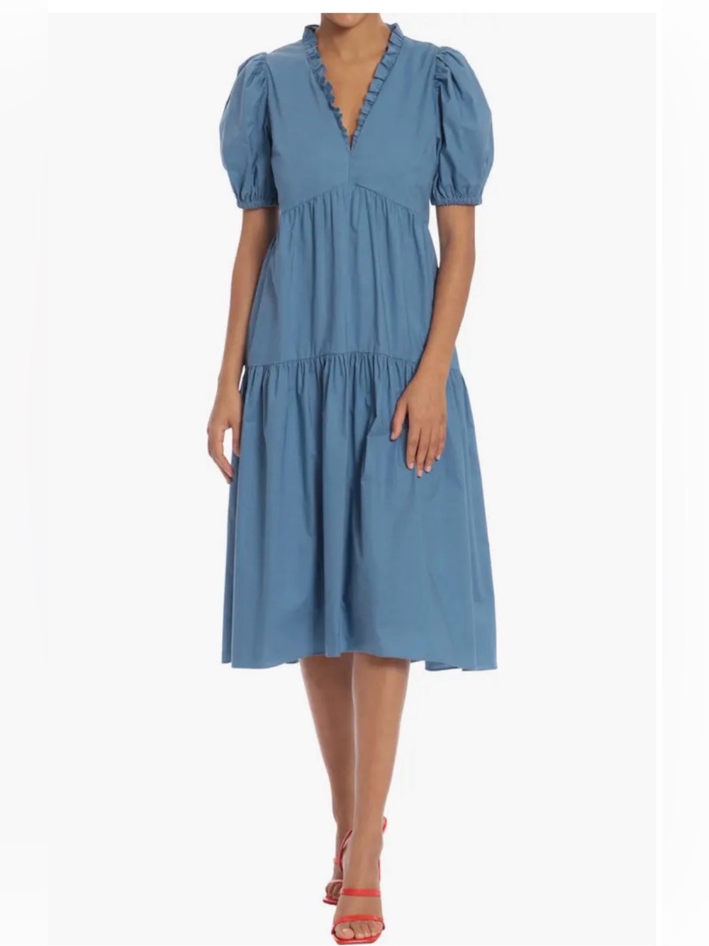 Donna Morgan midi dress with puff sleeves and pockets